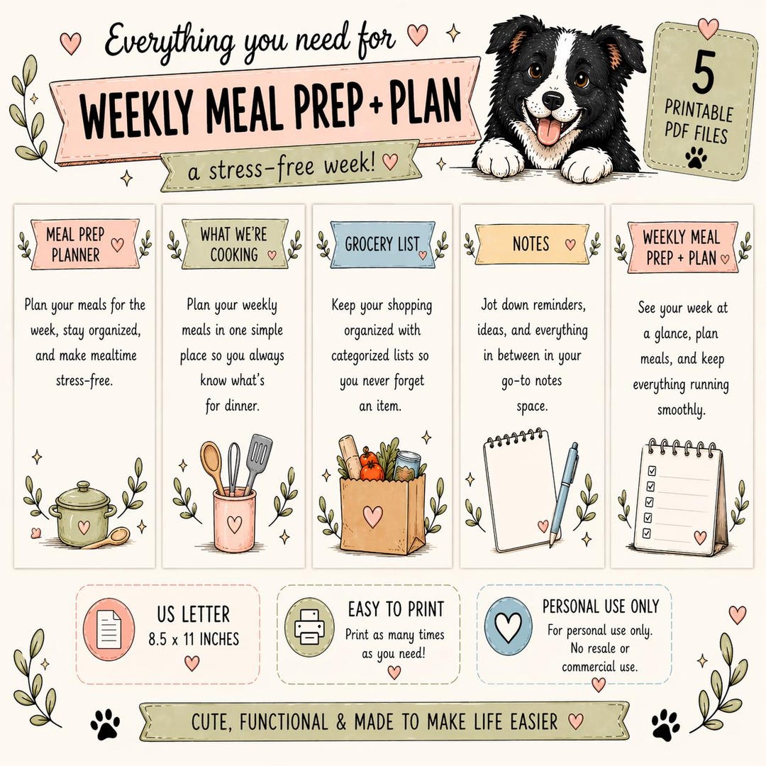 Weekly Meal Prep Planner Printable Set | Meal, Grocery, Notes (US ...