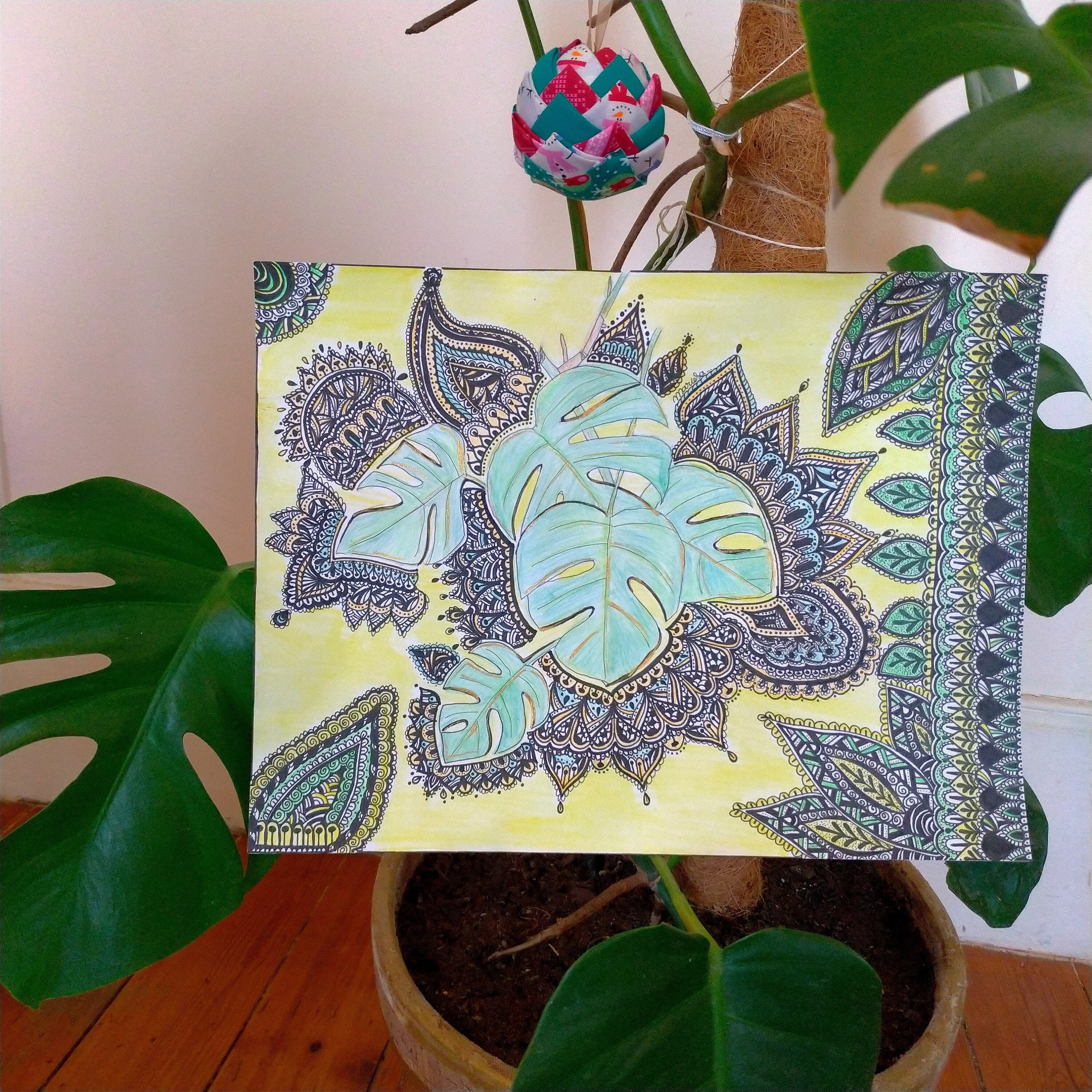 Dessin Fait Main Monstera Mandala Pièce Unique