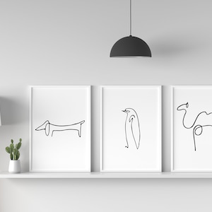 Arte lineal de animales estilo Picasso: conjunto de 12 impresiones minimalistas de bocetos, decoración digital moderna para pared
