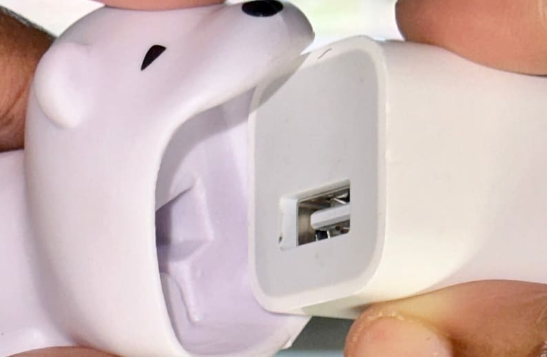 May include: A white USB charger with a polar bear design. The charger has a USB port and is being held by a person. The polar bear's head is on the left side of the charger.