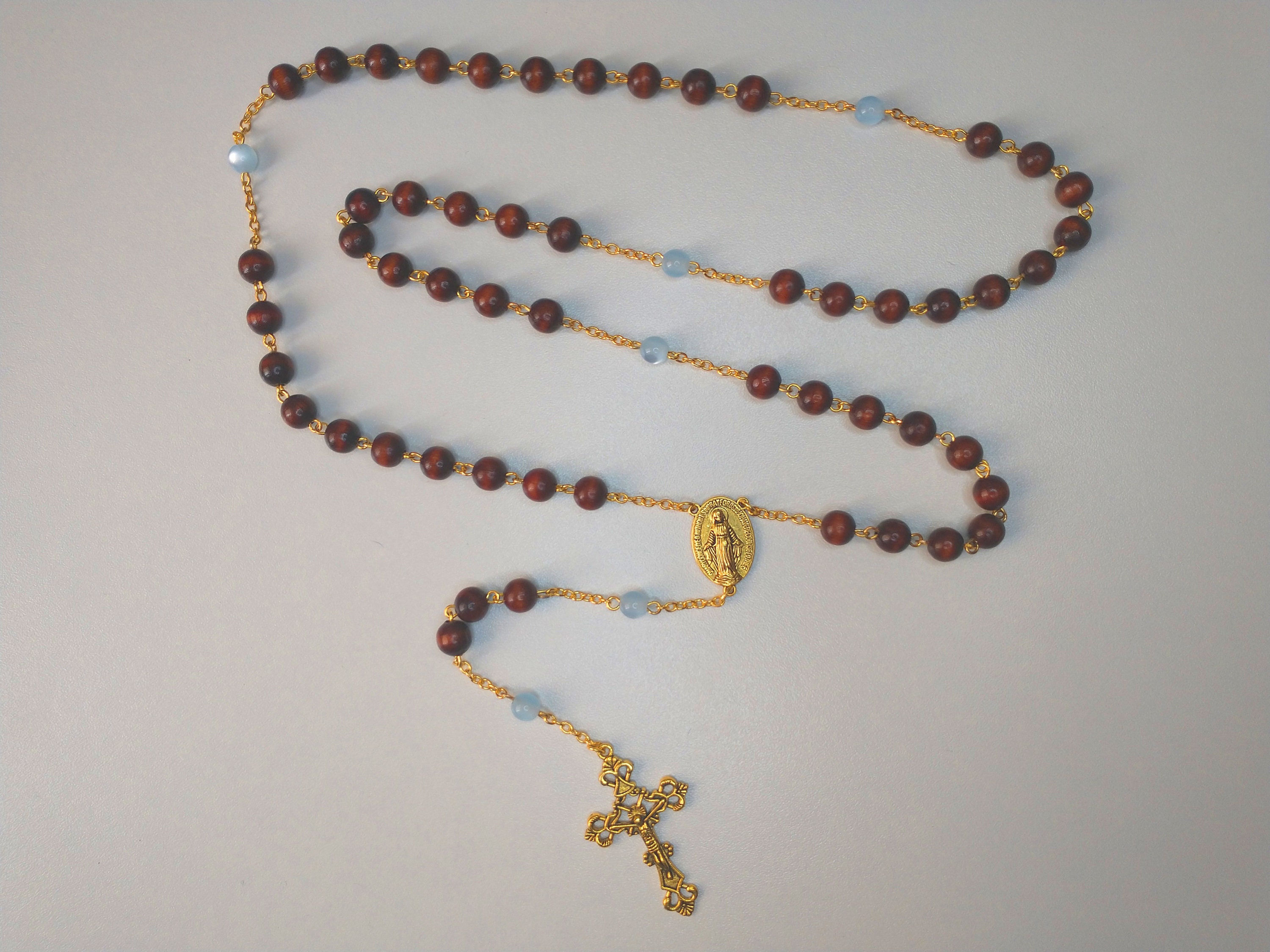 Five Decade Handmade Gold, Brown & Blue Rosary Chapelet