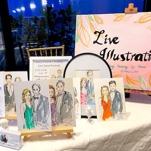 Illustrazioni di ritratti di invitati a matrimoni dal vivo a Fort Lauderdale, Florida, schizzi di ritratti di invitati a eventi dal vivo, illustratore dal vivo, bomboniere per gli ospiti