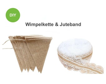 Juteband  & Wimpelkette aus Jute Jutewimpel outdoor mit Spitze Girlande Vintage DIY Boho Deko HochzeitTischdekoration Kommunion Taufe