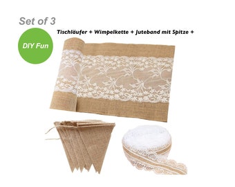 Tischläufer Jutewimpel Wimpelkette Jute outdoor Juteband mit Spitze Girlande Vintage Boho Deko HochzeitTischdekoration Kommunion Taufe