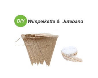 Jute lint & wimpelketting gemaakt van jute jute wimpel buiten met kantslinger vintage DIY boho decoratie bruiloft tafeldecoratie communie doop