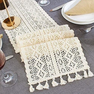 Table runner Boho style with tassels beige handmade cotton vintage table decoration wedding baptism birthday Boho Chic country style