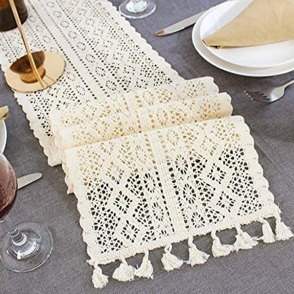 Tischläufer Frühling Ostern mit Quasten handgefertigt Baumwolle stilvolle vintage Tischdeko Hochzeiten Taufe Kommunion Geburtstag Boho Deko