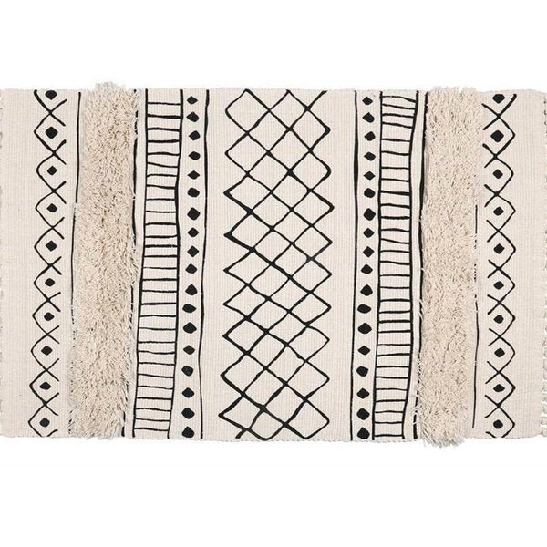 Tapis de style bohème avec pompons, tufté, coureur, 60 x 130 cm et 60 x 90 cm, tapis en coton, décoration scandinave, style maison de campagne, décoration bohème