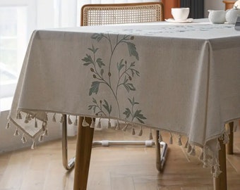 Tischdecke Leinen & Baumwolle mit Quasten, beige, floral bestickt, Blumen Garten Frühling Kommunion Landhaus Boho Deko außen Gartentisch