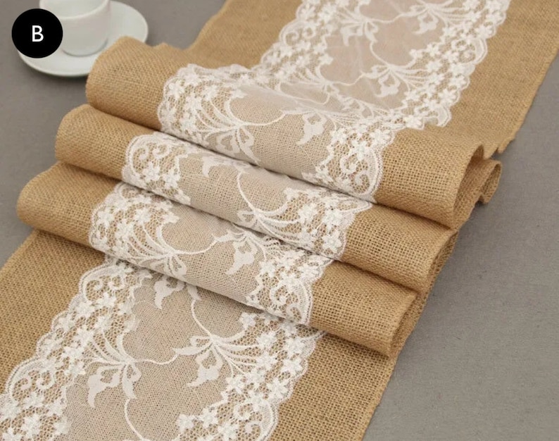 Table runner jute rustic in country house style made of jute and lace table decoration wedding birthday boho decoration jute table runner jute runner B: Elva