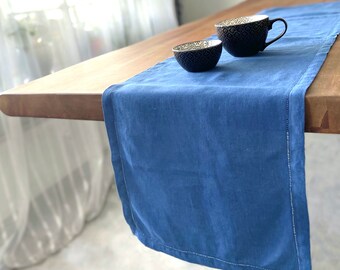 Chemin de table en lin avec ourlet bleu en lin français chemin de table en lin maritime bleu décoration de table 140 cm & 180 cm de long