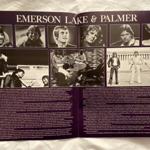 May include: A vintage magazine spread featuring Emerson, Lake & Palmer. The layout includes multiple black and white photographs of the band members, along with text detailing their history and music. The background is a deep purple.