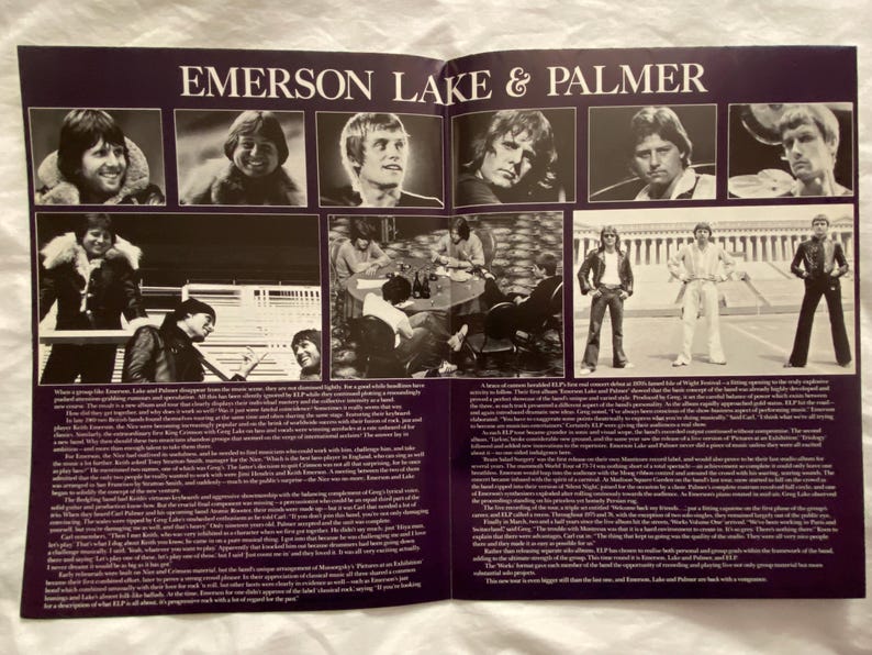 May include: A vintage magazine spread featuring Emerson, Lake & Palmer. The layout includes multiple black and white photographs of the band members, along with text detailing their history and music. The background is a deep purple.