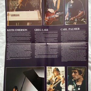 May include: A magazine spread featuring images of three musicians: Keith Emerson, Greg Lake, and Carl Palmer. The images show the musicians playing instruments, including a synthesizer, bass guitar, and drums. The Yamaha logo is visible. Text includes the names of the musicians.
