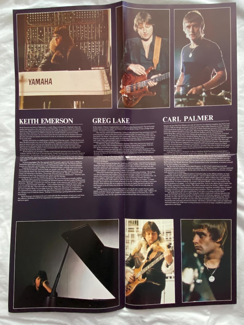 May include: A magazine spread featuring images of three musicians: Keith Emerson, Greg Lake, and Carl Palmer. The images show the musicians playing instruments, including a synthesizer, bass guitar, and drums. The Yamaha logo is visible. Text includes the names of the musicians.