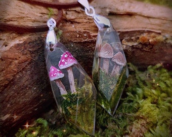 Natural Piece of Forest Resin Crystal pendant Necklace Moss, Fern and Mushrooms