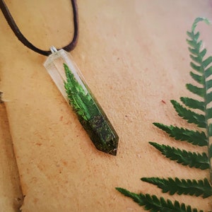 Natural Piece of Forest Resin Crystal pendant Necklace Moss, Fern and Mushrooms Fern