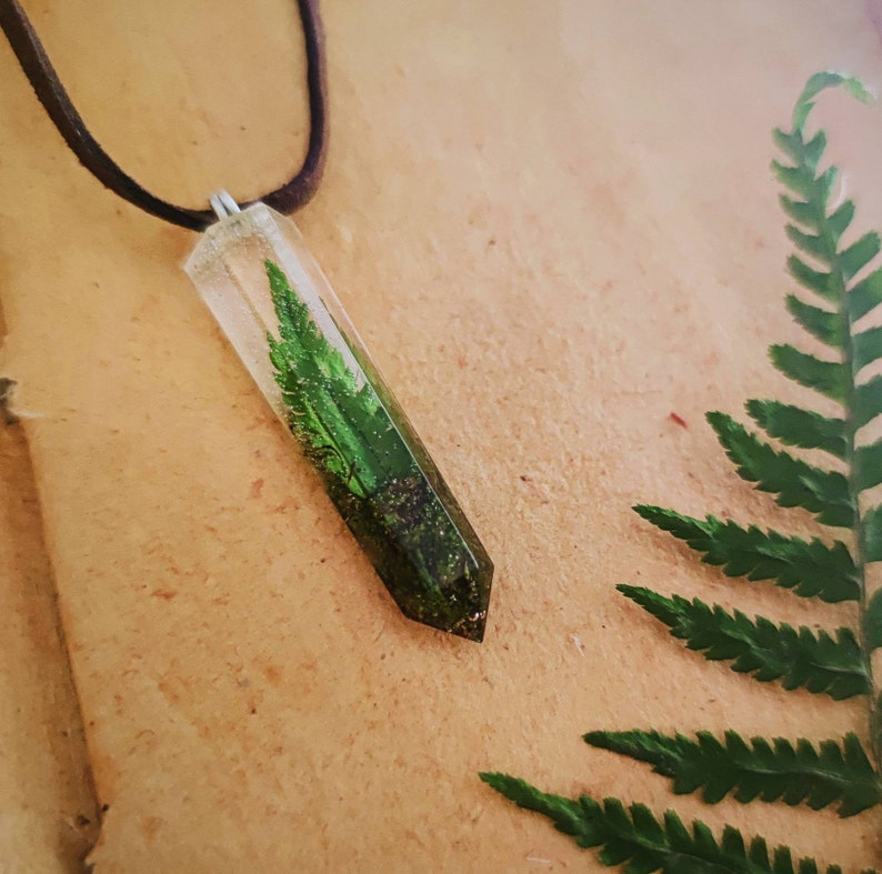 Natural Piece of Forest Resin Crystal pendant Necklace Moss, Fern and Mushrooms Fern