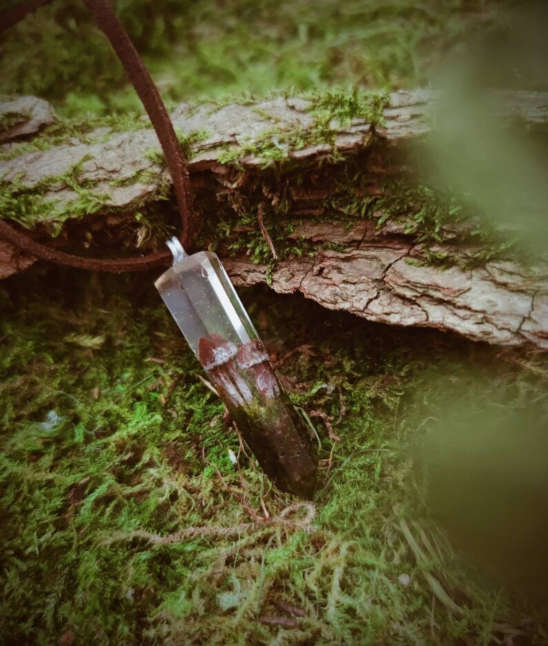 Natural Piece of Forest Resin Crystal pendant Necklace Moss, Fern and Mushrooms Brown mushroom