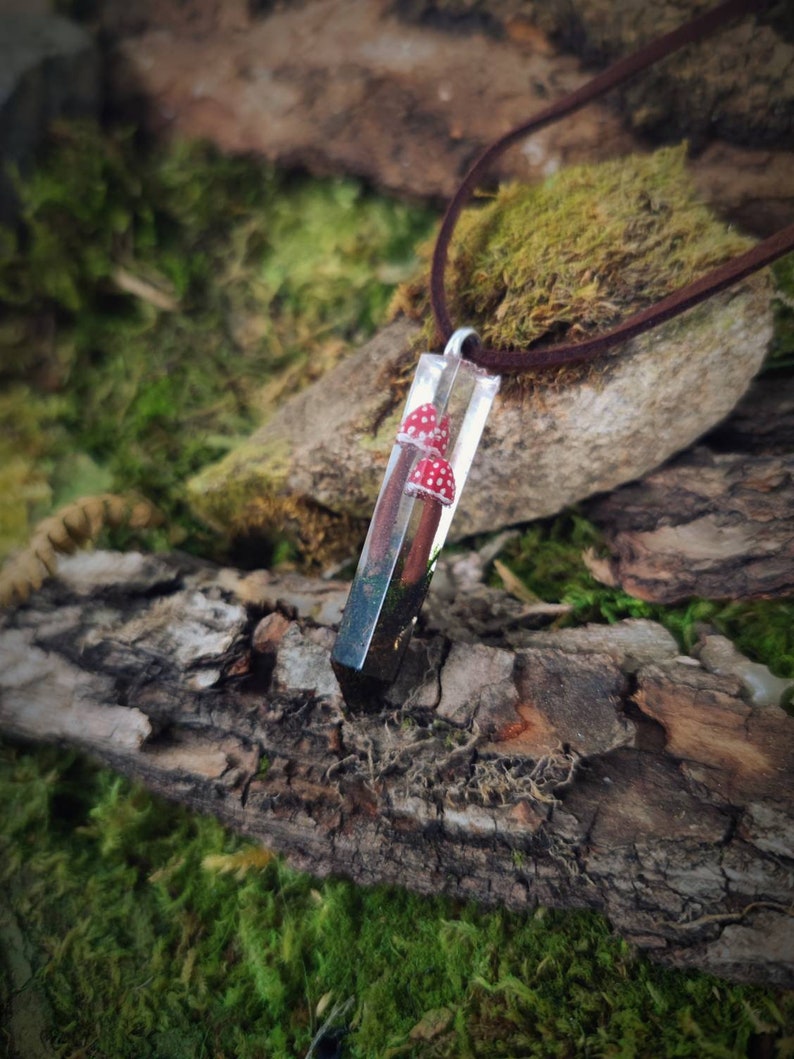 Natural Piece of Forest Resin Crystal pendant Necklace Moss, Fern and Mushrooms Red