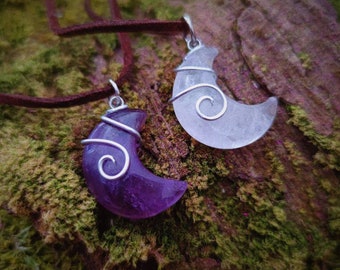 Crystal moon pendant witchy magical elven necklace Quartz or Amethyst plus vegan leather rope
