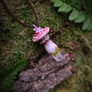 Handmade red mushroom with real raw quartz crystal