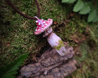 Handmade red mushroom with real raw quartz crystal