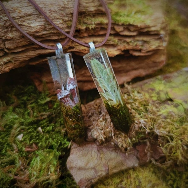 Natural Piece of Forest Resin Crystal pendant Necklace Moss, Fern and Mushrooms