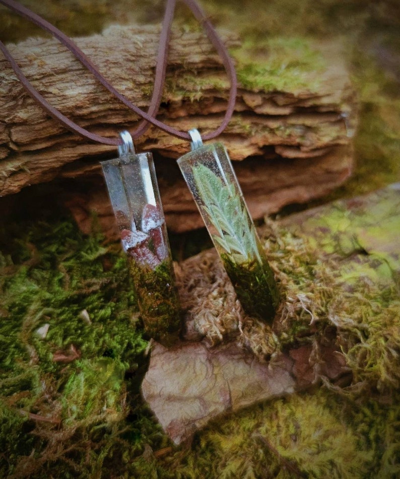 Natural Piece of Forest Resin Crystal pendant Necklace Moss, Fern and Mushrooms zdjęcie 1