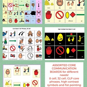 Puede incluir: Tableros de comunicación básicos variados con frases básicas de 8, 32 celdas y GLP. Se presentan símbolos de alto contraste y un diseño de puntero de puño. Los tableros incluyen palabras e imágenes para diversas necesidades, como "me gusta", "quiero" y "parar".