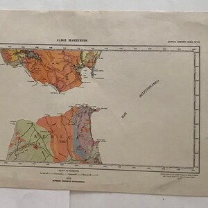 Rare carte géologique vintage de la région de Gibraltar. Le titre est Cadix-Maroc. 1960. Échelle 1:400.000