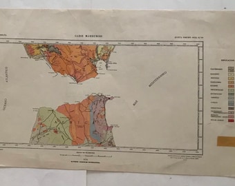 Raro mapa geológico vintage de la región de Gibraltar. El título es Cádiz- Marruecos. 1960. Escala 1:400.000