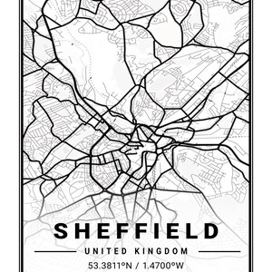 Sheffield City Map Wall Art Print - Cartel de la pared del mapa de Sheffield Street - Sheffield Map Gift Decor - Sheffield UK Map Art - Minimalist Map Art