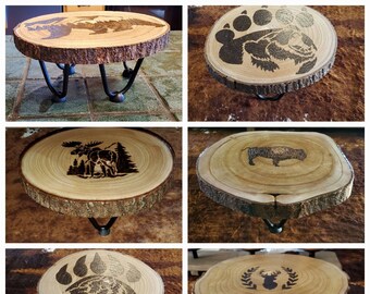 Rustic hand burnt "Wildlife designs" Wood cake stand. Free shipping! Six options to choose from & Personalization available!