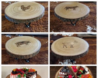 Rustic hand burnt "Farmhouse Friends" designs Wood cake stands.  Free shipping! Four options to choose from! Personalization available!