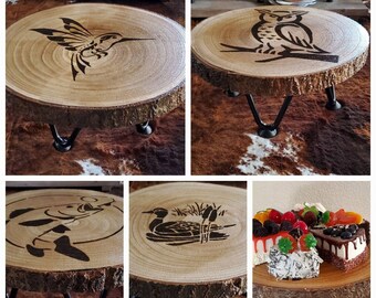 Rustic hand burnt "Feathers  & Fins" designs Wood cake stands.  Free shipping! Four options available! Personalization available!