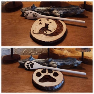 Spoon rest and Spoon set. Hand burnt. "Feline & Pawprint"designs. 2 options to choose from!