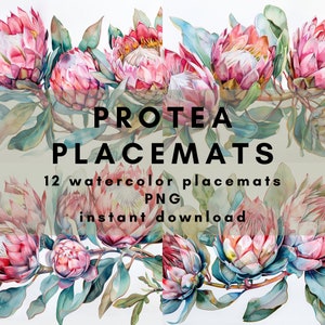 Protea Watercolor Placemats | 12 Printable PNG Images | South African Flower Art | Digital Floral Table Decor | DIY Table Setting Download