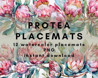 Protea Watercolor Placemats | 12 Printable PNG Images | South African Flower Art | Digital Floral Table Decor | DIY Table Setting Download