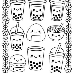 May include: Black and white illustration of various food items with smiling faces, including bubble tea, a rice ball, a bowl of noodles, and a burger. The image is framed by a floral border.