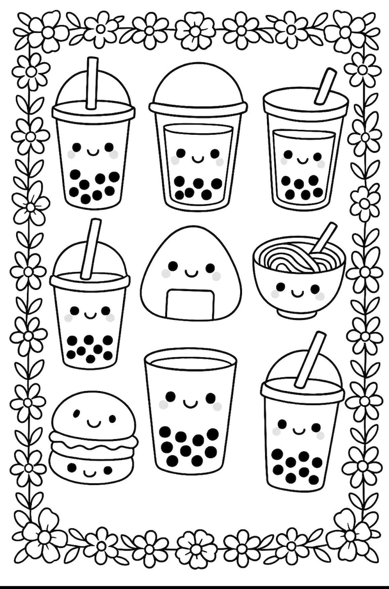 May include: Black and white illustration of various food items with smiling faces, including bubble tea, a rice ball, a bowl of noodles, and a burger. The image is framed by a floral border.