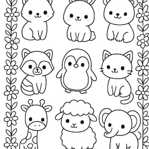 May include: Black and white line art of nine cute animals: a fox, rabbit, bear, raccoon, penguin, cat, giraffe, sheep, and elephant. The animals are surrounded by a floral border, perfect for coloring or crafting projects.
