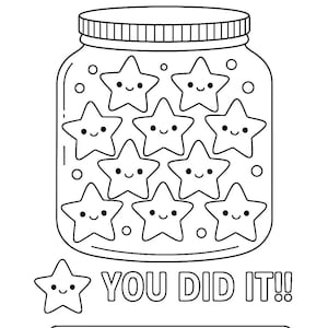 Puede incluir: Ilustración en blanco y negro de un tarro de recompensas con el texto "REWARD JAR" en la parte superior. El tarro está lleno de estrellas sonrientes. Debajo, el texto "YOU DID IT!!" y un espacio para un objetivo.
