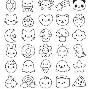 May include: A collection of black and white cartoon doodles. The illustrations include a bubble tea, cloud with a star, watermelon slice, cupcake, chick, gem, jellyfish, crab, shooting star, panda, cat, ladybug, heart, bear, strawberry, moon, mushroom, donut, flower, sun, dinosaur, bee, rainbow, apple, and more.
