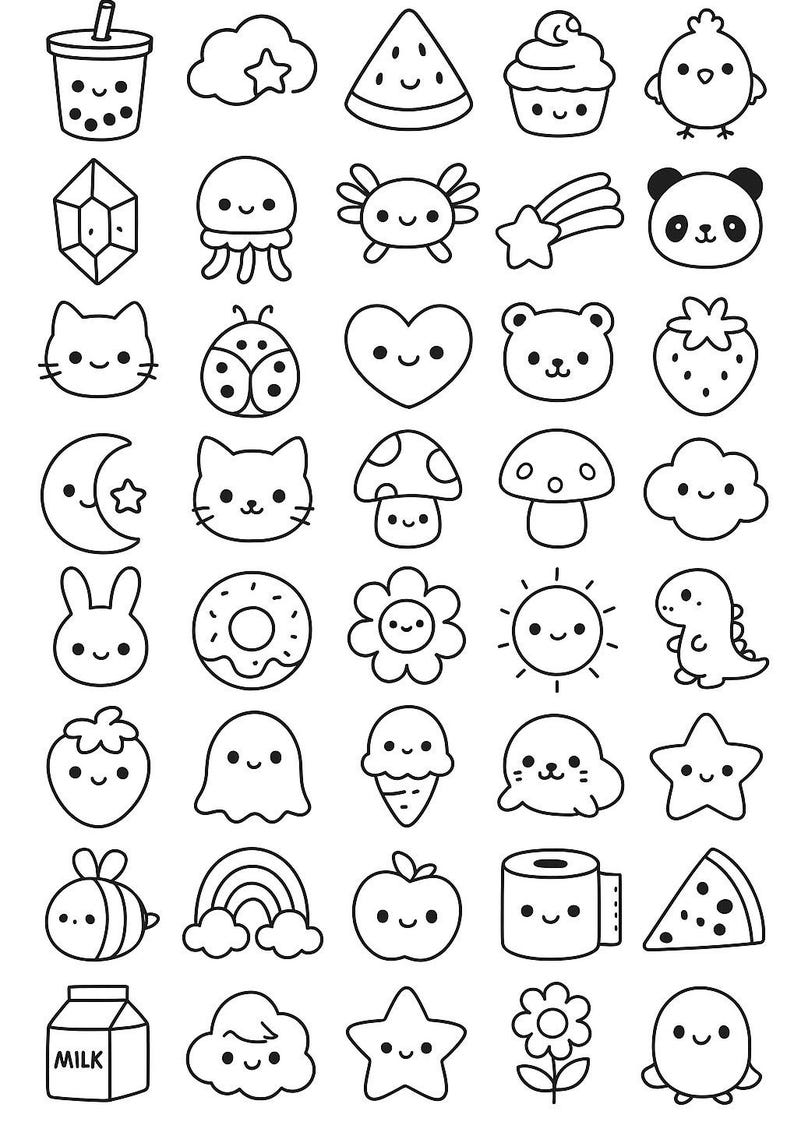 May include: A collection of black and white cartoon doodles. The illustrations include a bubble tea, cloud with a star, watermelon slice, cupcake, chick, gem, jellyfish, crab, shooting star, panda, cat, ladybug, heart, bear, strawberry, moon, mushroom, donut, flower, sun, dinosaur, bee, rainbow, apple, and more.