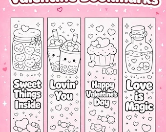 Marcapáginas para colorear Kawaii de San Valentín / Conejitos, té Boba (Descarga digital)