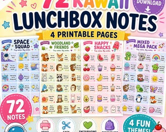 72 Kawaii Lunchbox Notes, Space Squad, Woodland Friends, Happy Snacks (Digital Download)