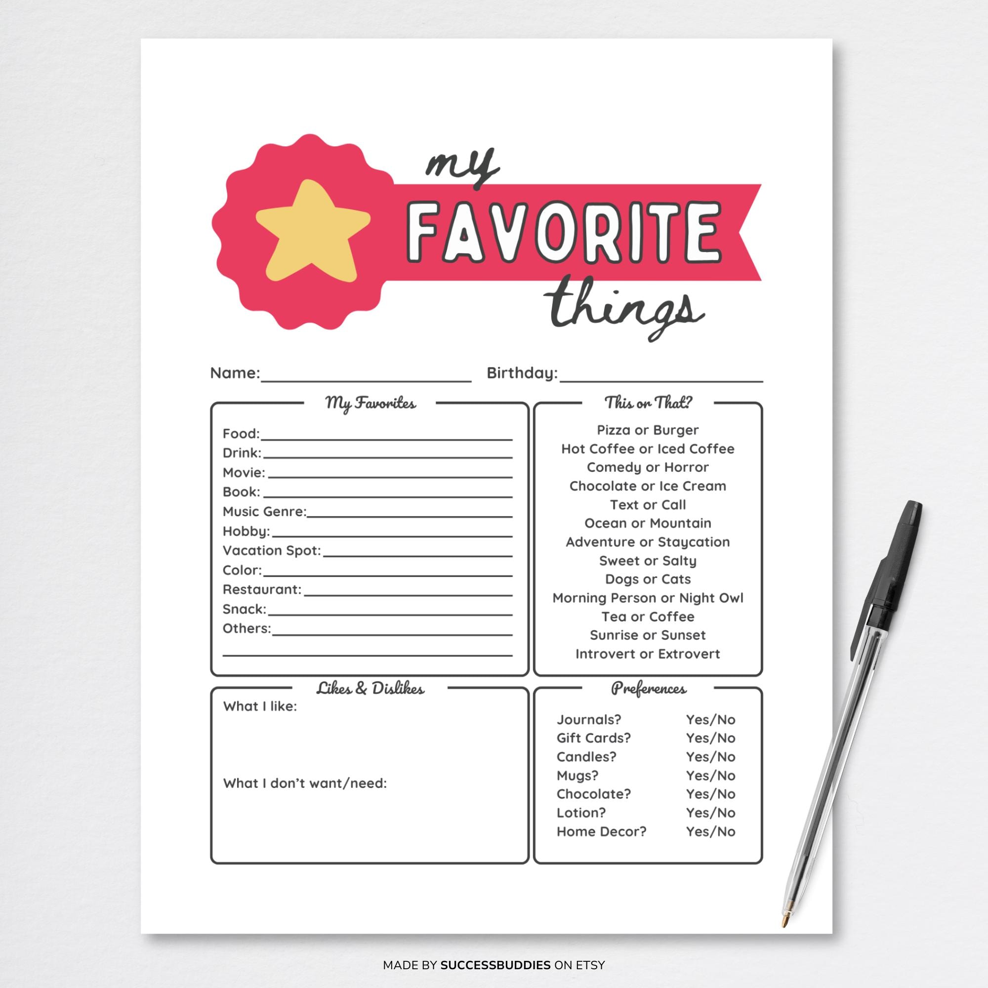 Favorite Things List My Favorite Things List Employee Questionnaire