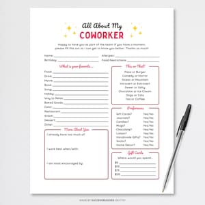 May include: A printable worksheet titled "All About My Coworker" with sections for personal information, favorite things, preferences, and gift card ideas. The worksheet is designed to help coworkers get to know each other better.