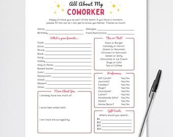 Coworker Questions, Employee Favorites List, Coworker Favorite Things List, Employee Questionnaire, Get To Know You, Staff Survey, About Me